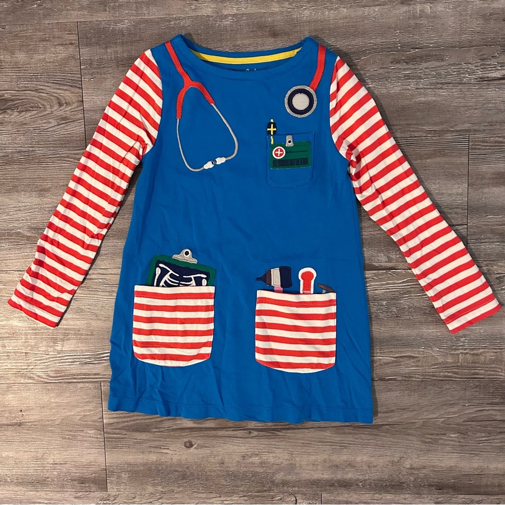 Mini Boden Doctor’s Blue Tunic with Red and White Striped Sleeves. 6-7